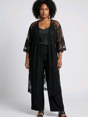 Black Sheer Floral Embroidered Lace Kimono Duster Cardigan